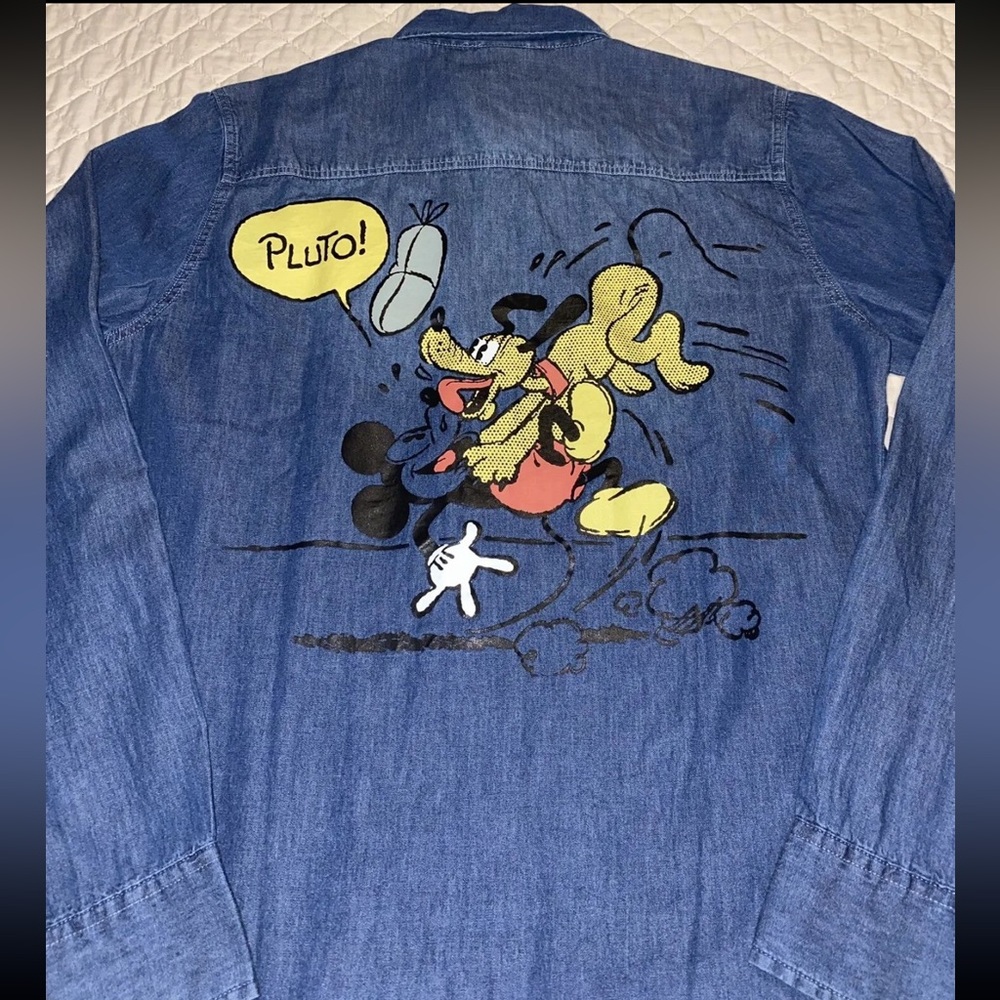 NEW Disney Parks Mickey Mouse & Pluto Denim Shirt Our Universe Adult Size 2XL